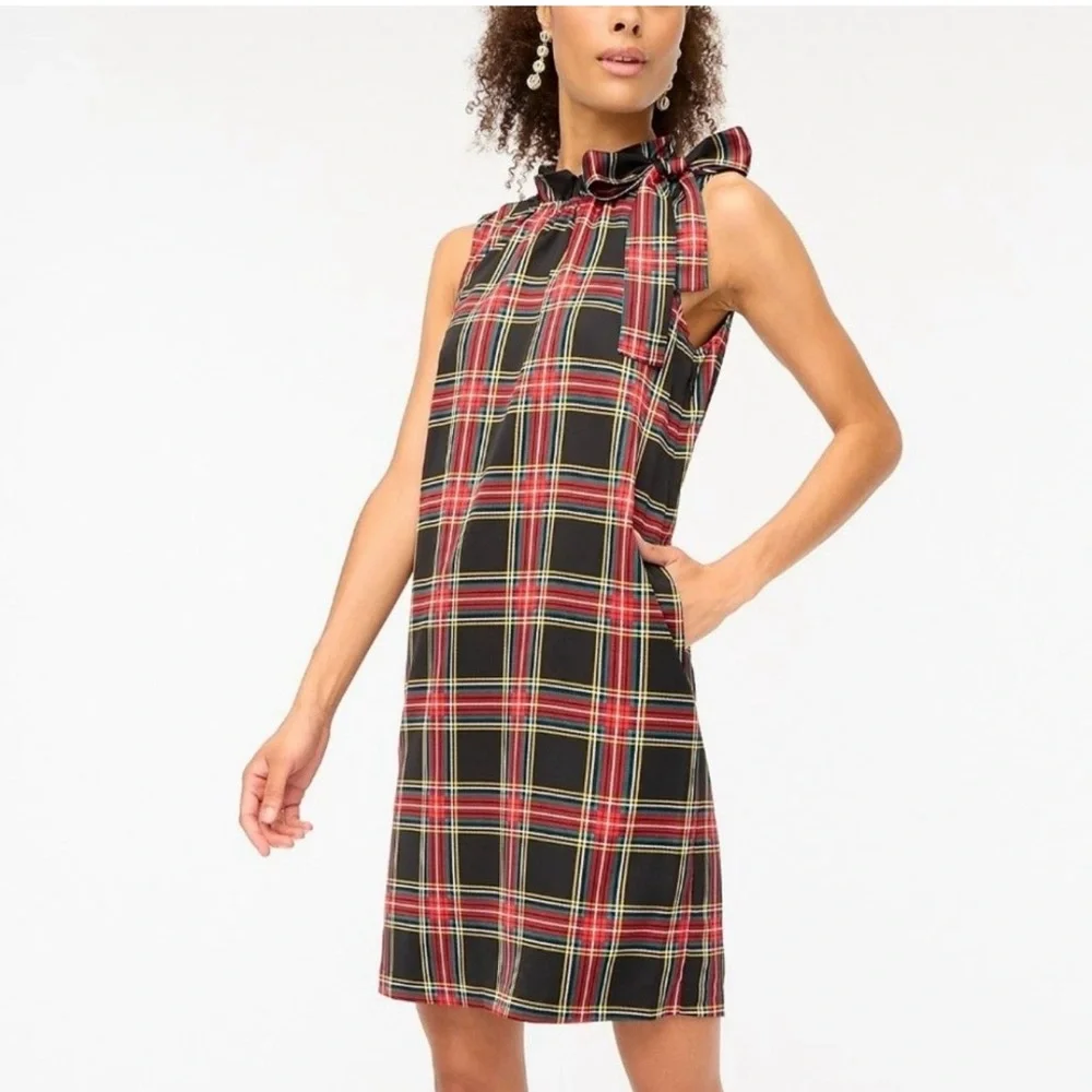 NWT J.Crew Black Tartan Plaid Bow Neck Midi Dress Size 12